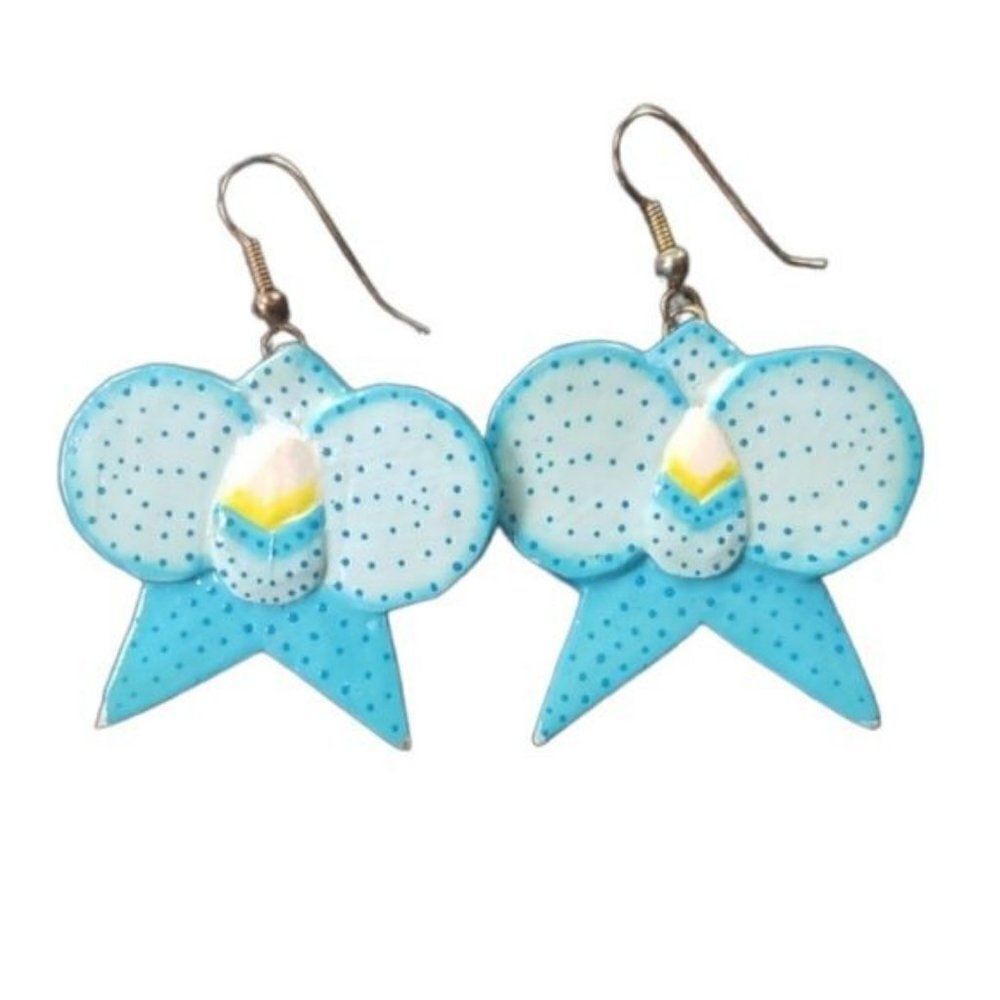 Vintage 80s Eclectic Artsy Bright Blue Wood Drop Earrings